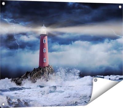 Gards Tuinposter Vuurtoren op een Storm Zee met Golfen Water - 80x60 cm - Tuindoek - Tuindecoratie - Wanddecoratie buiten - Tuinschilderij