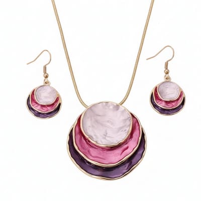 Goudkleurige ketting met ronde hanger en oorbellen voor dames – sieradenset met meerlaagse schijven in paars, roze en wit
