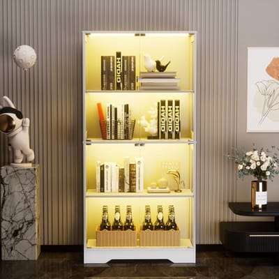 BLACKCOLORS - Vitrinekast - Opbergkasten - 4 Niveaus - Gehard glas - Bewegingssensorverlichting 3CCT - Glazen deuren - Opbergrek voor verzamelobjecten - Boekenkast - Wit