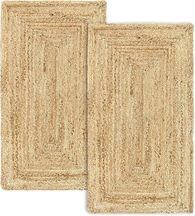 Famanu Alhambra Jute Tapijten, 2 stuks, natuurlijke kleur, 100% jutevezel, handgemaakt, woonkamertapijt, eetkamer, slaapkamer, hal, natuurlijke kleur (60 x 110 cm), 2 stuks
