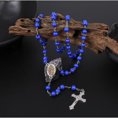 Houten Rozenkrans Ketting Voor Vrouwen 6MM Houten Gebedskralen Lange Ketting Religieuze Maagd Maria Kruis Hanger Mannen Feest Sieraden Cadeau