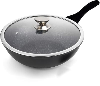 Royalty Line® BW28M Wokpan Inductie - Ø 28 cm / 3.7 Liter - Wokpannen Voor Alle Warmtebronnen - Antiaanbaklaag - Wok Pan Met Deksel - PFOA & PTFE Vrij - Zwart