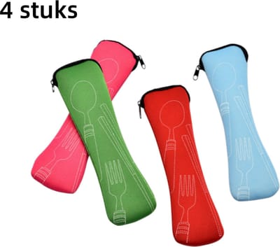 4-delige set - Bestekorganizer - Opvouwbare bestektas voor op reis - Canvas tas - Bestek niet inbegrepen - 20,5*6 cm - Kleurrijk