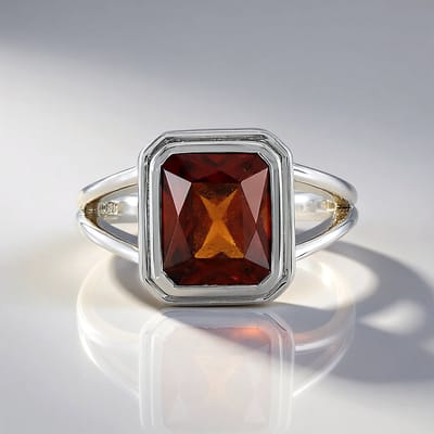 Cavill - Ring 925 Sterling Zilver Platina Verguld - Hessoniet Granaat 5,54 ct - Achthoekige Radiant Edelsteen - Elegante Kaneelkleur
