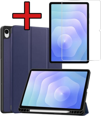 Hoesje - Geschikt voor Samsung Galaxy Tab S11 - Met Screenprotector - Trifold Bookcase Hoes - Hard Cover Case - Met Uitsparing Geschikt voor S Pen - Hardcover Book - Tablethoes - Donkerblauw