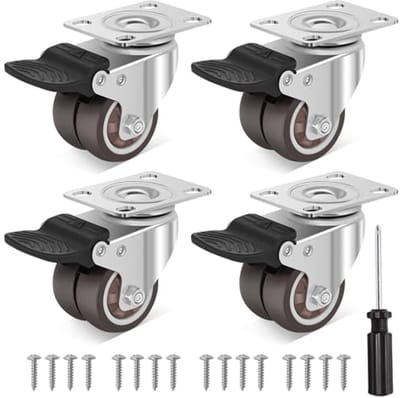 Zware 2” Dual-Castor Wielen met 4 Remmen - Rubber, Stil en Niet-Markerend, Laadvermogen 900 Lbs, Set van 4 voor Meubels, Tafels en Bedden