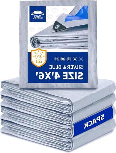 Kleine Tarps 4x6 Voet (5 Pack), 5,5 Mil Dikke, Multifunctionele Waterdichte Poly Tarp Cover met Metalen Doorvoertules en Versterkte Randen, Zilver/Blauw Tarp van RAINDEWAY