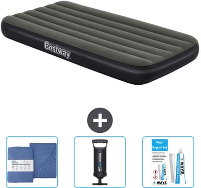 Bestway luchtbed - 1-Persoons - 99 x 188 x 28 cm - Blauw - Inclusief pomp - Hoeslaken - Pomp en Reparatieset