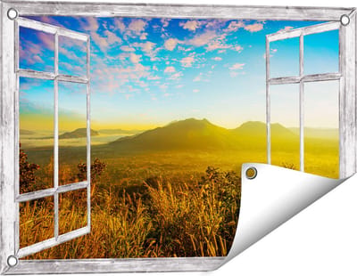 Gards Tuinposter Doorkijk Bergen met Mist in Thailand - 60x40 cm - Tuindoek - Tuindecoratie - Wanddecoratie buiten - Tuinschilderij