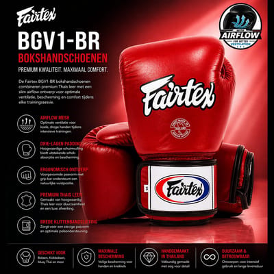 Fairtex BGV1-BR Bokshandschoenen 10 Oz – Premium Thais Leer – Air Mesh Ventilatie – Rood