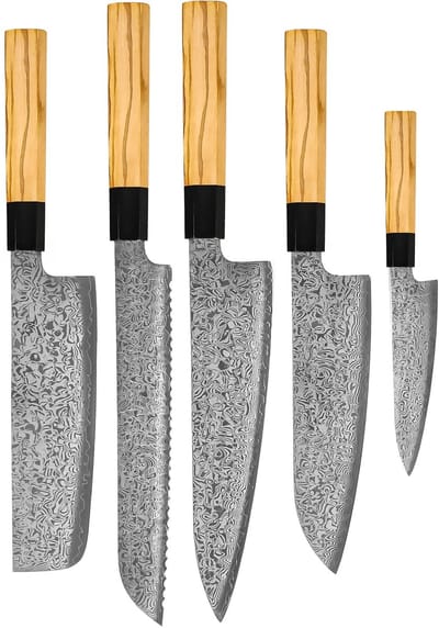 Shinrai Knives - Takumi Kaza 5-delige Damascus Messenset - Koksmes + Broodmes + Nakiri + Santoku + Schilmes