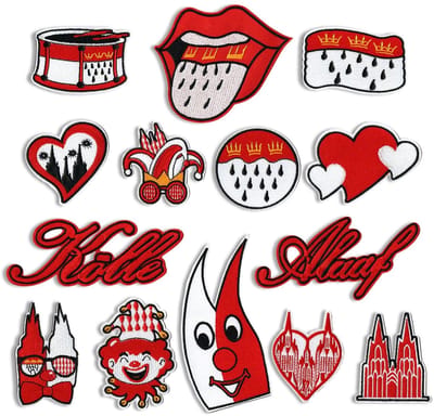 Dailygoods- Strijkapplicaties 14-delige set - Patches voor kleding - Strijkapplicaties voor carnaval - Rood-witte design - Authentieke Köln-motieven - Perfect voor kostuums