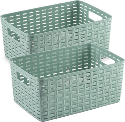 3x stuks rotan gevlochten opbergmand/opbergbox kunststof - Mintgroen - 19 x 29 x 13 cm - Kast mandjes