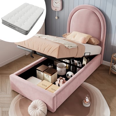 Gestoffeerd bed, kinderbed, eenpersoonsbed 90 x 200 cm, roze, fluweel voor jongens en meisjes (inclusief matras)