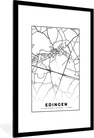 Fotolijst incl. Poster Zwart Wit- België – Edingen – Stadskaart – Kaart – Zwart Wit – Plattegrond - 80x120 cm - Posterlijst