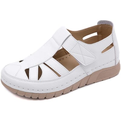Kantoor Dames Lente Zomer Grote Maat Ademende Platte Sandalen Dames Herfst Effen Kleur Holle Casual Leren Enkele Sandalen 35 wit