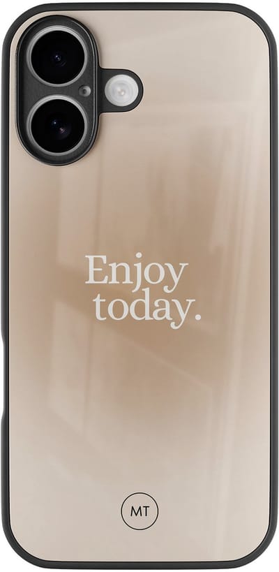 Hoesje geschikt voor iPhone 16 - Enjoy today - Luxe Hard Case - Tekst - Beige - Mooie Telefoonhoesjes