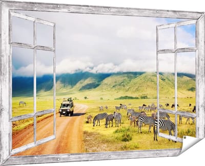 Gards Tuinposter Doorkijk Safari Auto tussen de Zebra's - 180x120 cm - Tuindoek - Tuindecoratie - Wanddecoratie buiten - Tuinschilderij