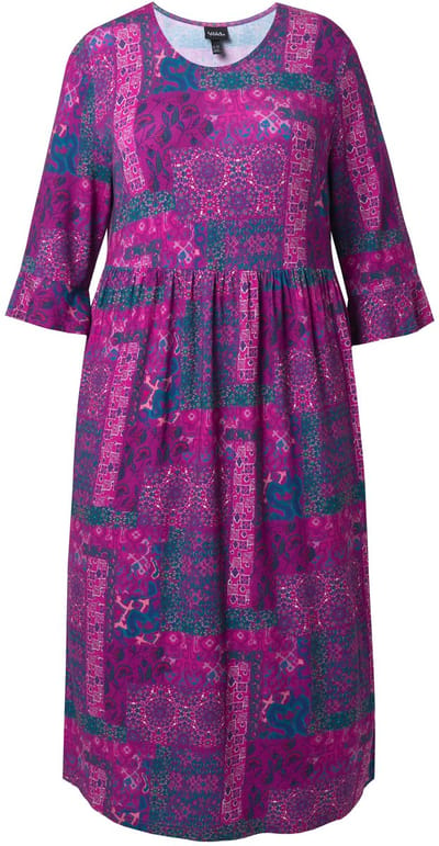 Ulla Popken - Dames - Jersey midi-jurk patchprint A-lijn ronde hals 3/4-mouwen - Licht pruim - Maat 42+