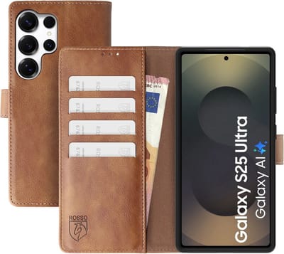 Rosso Element Geschikt voor Samsung Galaxy S25 Ultra | Wallet Book Case | Portemonnee Hoesje | 4 Pasjes | Magneetsluiting | Stand Functie | Bruin