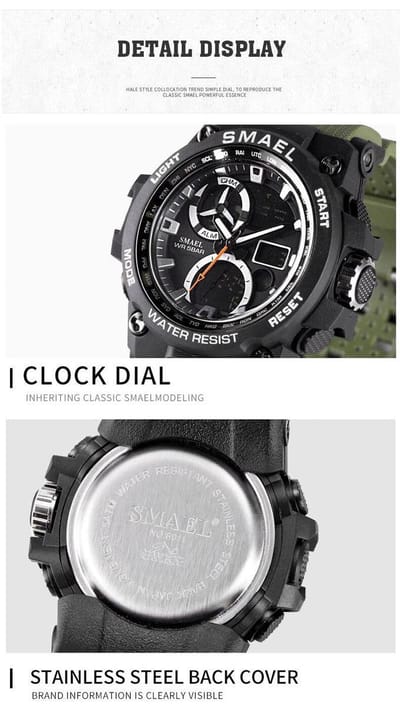 Heren Horloge Zwart met Groene rubber band | WR 5BAR | Smael | Waterdicht |Glow in dark | Mud Master | Leger | Army | Grof | Licht | Rubberen band | Timer | Eyecatcher | Master| Shock | Vaderdag Cadeau | Vaderdag | kado|