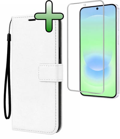 Hoesje Met Screenprotector - Geschikt voor Samsung Galaxy A37 - Luxe Pasjeshouder - Bookcase Portemonee - Flip Case - Kunstleer Book Case - Flipcase - Book Cover - Walletcase - Portemonneehoes - Wit
