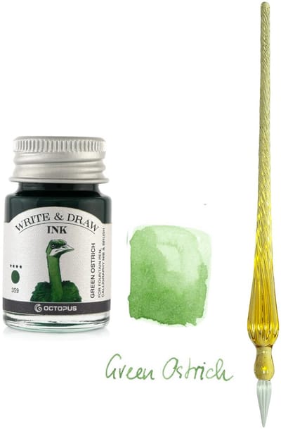Glazen dip pen set Oranje - Potje Octopus inkt green ostrich