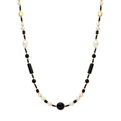 collier parel en onyx 48 + 3 cm 3 micron zilver verguld (geel)