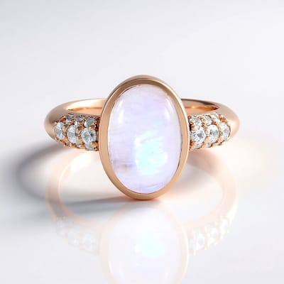 Cavill - Elegante ring 925 Sterling zilver rosé verguld - Blauwe maansteen ovaal 3,6 ct - Sprankelende zirkonia dames ring 4,06 ct