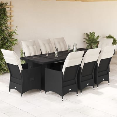 vidaXL - 9-delige - Bistroset - met - kussens - poly - rattan - zwart