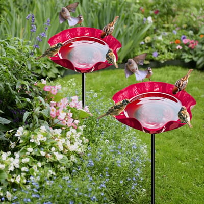 2 stuks metalen vogelbad voor tuin, vrijstaand vogelbad voor buiten, bloemvormige voederbak, ijzeren levendige vogelbewateringsstation voor vogels, bijen, vlinder, buiten, tuin