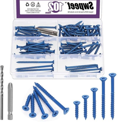 Dailygoods - Swpeet 102Pcs 5 maten 3/16" platte kop beton schroef ankers met schroevendraaier bit en boor bit assortiment kit, beton schroeven zelftappende cement schroeven voor verankering aan metselwerk blok