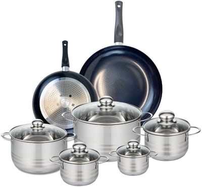 Set van 2 Koekenpannen 24 en 32 cm en 5 kookpotten 12, 14, 16, 20 en 24 cm Elo Prima Brillant