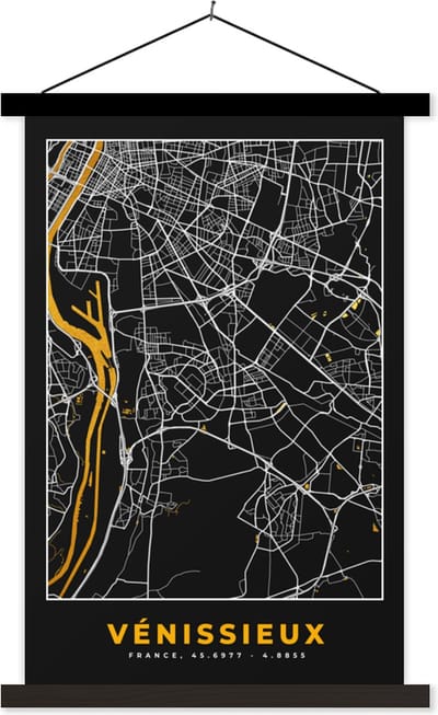 Posterhanger incl. Poster 40x60 cm - Schoolplaat - Vénissieux – Plattegrond – Frankrijk – Kaart – Stadskaart - Textielposter - Zwarte latten - Stadskaart