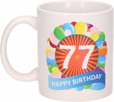 Beallatio Decorations - 77 jaar Verjaardag koffiemok - cadeau beker - feestelijke ballonnen print - 300 ml - keramiek - wit