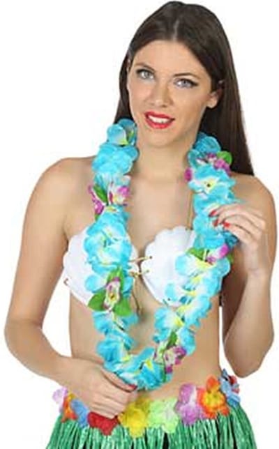 Atosa Hawaii krans/slinger - Tropische kleuren blauw - Grote bloemen hals slingers - verkleed accessoires
