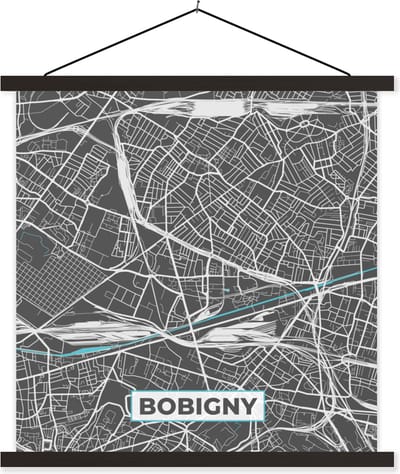 Posterhanger incl. Poster 60x60 cm - Schoolplaat - Plattegrond – Bobigny – Stadskaart – Kaart – Frankrijk - Textielposter - Zwarte latten - Stadskaart