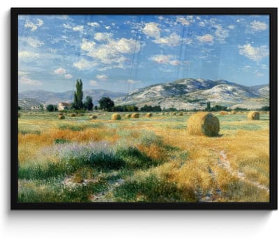 Poster in lijst - Fotolijst 80x60 cm - Posters - Landschap - Strobalen - Bergen - Wolken - Posterlijst zwart - Decoratie - Wanddecoratie woonkamer - Muurdecoratie slaapkamer