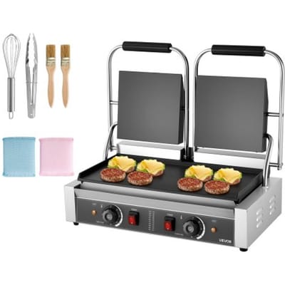 VEVOR Commerciële Contactgrill 3600 W Elektrische Grill Sandwichmaker (Dubbele Bakplaten) Panini-pers Roestvrij Staal met Temperatuurregeling, 48 x 23 cm Platte Emaille Plaat, voor Hamburgers, Steaks, Spek