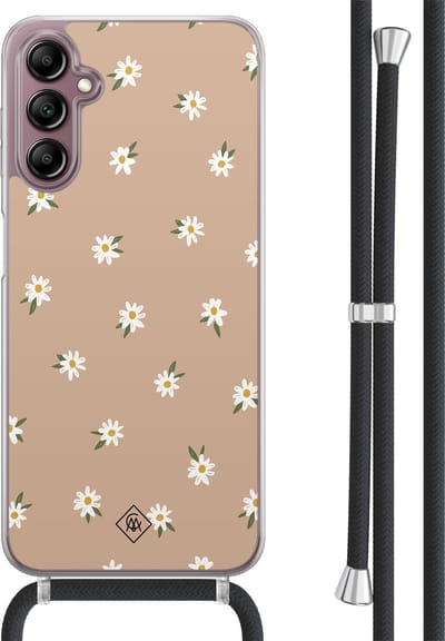 Casimoda® hoesje met koord - Geschikt voor Samsung A14 - Sweet Daisies - Afneembaar koord - TPU/acryl - Bruin/beige