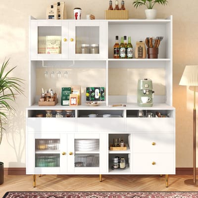 REDOM - Sideboard met opbergruimte - Changhong glazen deuren en wijnrek - Meerdere opbergvakken - Moderne stijl - Eetkamer - MDF en metaal - Wit - 145 x 39 x 171 cm