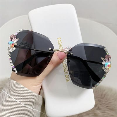 Lunettes de soleil de luxe sans monture avec strass Protection UV Plage/Voyage/Streetwear Teintes dégradées brillantes Lunettes sans monture adaptées aux dames
