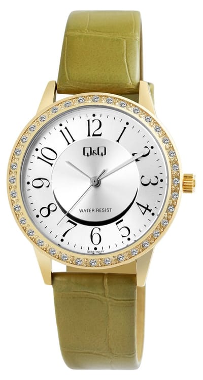 Q&Q- Dameshorloge-groen leder-model Q04B-005- 3 bar waterdicht-diameter 33 mm