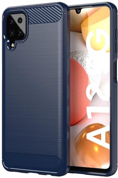 Cadorabo Hoesje geschikt voor Samsung Galaxy A12 / M12 in BRUSHED BLAUW - Beschermhoes van flexibel TPU siliconen in roestvrij staal-carbonvezel look Case Cover