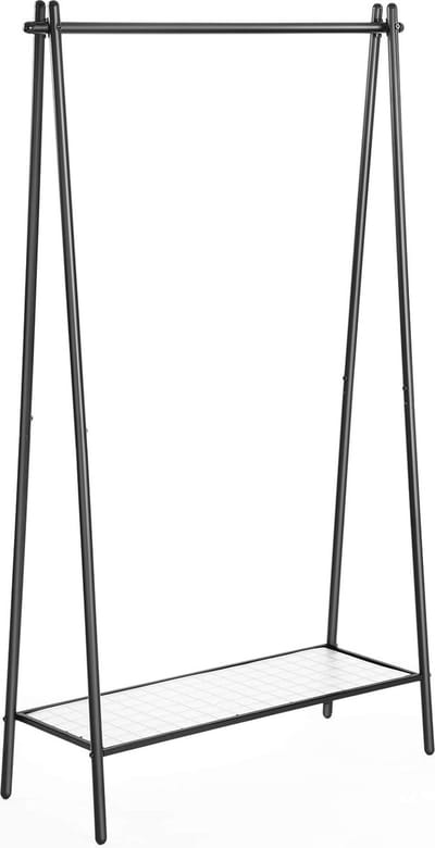 Kledingrek van staal, kapstok met kledingstang, plank in het onderste gedeelte, eenvoudig, slaapkamer, hal, zolder, kelder, 92,5 x 33,5 x 153 cm, matzwar