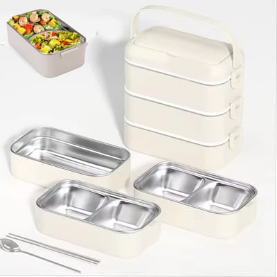 KZQ 3-laagse roestvrijstalen bento box lekbestendig stapelbaar lunchbox voor volwassenen en kinderen school picknick werk crèmewit