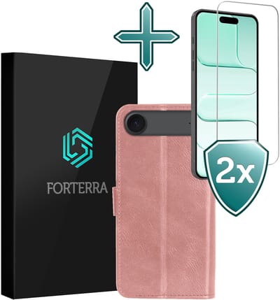 Hoesje Met 2x Screenprotector - Geschikt voor Apple iPhone Air - Luxe Pasjeshouder - Flip Case - Bookcase Portemonee - Kunstleer Book Case - Flipcase Hoes - Book Cover - Walletcase - Portemonneehoes - Rosé goud