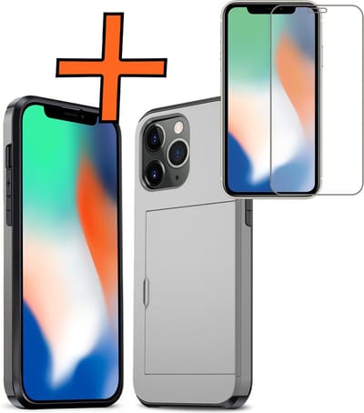 Hoesje Geschikt voor iPhone 11 Pro Hoesje Pasjeshouder Shockproof Hard Case Met Screenprotector - Hoesje Geschikt voor iPhone 11 Pro Hoes Met Kaarthouder - Grijs