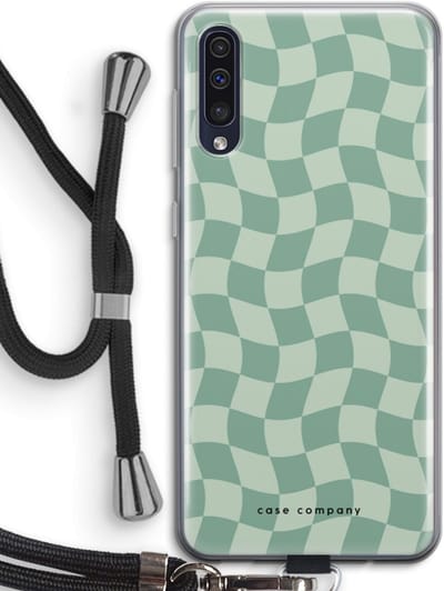 Case Company® - Hoesje met koord geschikt voor Samsung Galaxy A50 hoesje met Koord - Grid Groen - Telefoonhoesje met Zwart Koord - Bescherming aan alle Kanten en Over de Schermrand
