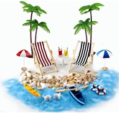 TOVBMUP Mini strandset - 18 stuks - Mini decoratieset - strandstoel, parasol, mini palmboom, decoratieve accessoires - perfect geschikt voor doe-het-zelf, zentuindecoratie, uniek cadeau